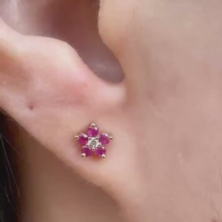 Genuine Ruby and Diamond Flower Stud Earrings in 14k Solid Gold