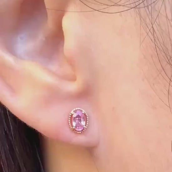 Genuine Pink Sapphire Oval Stud Earrings in 18k Solid Gold