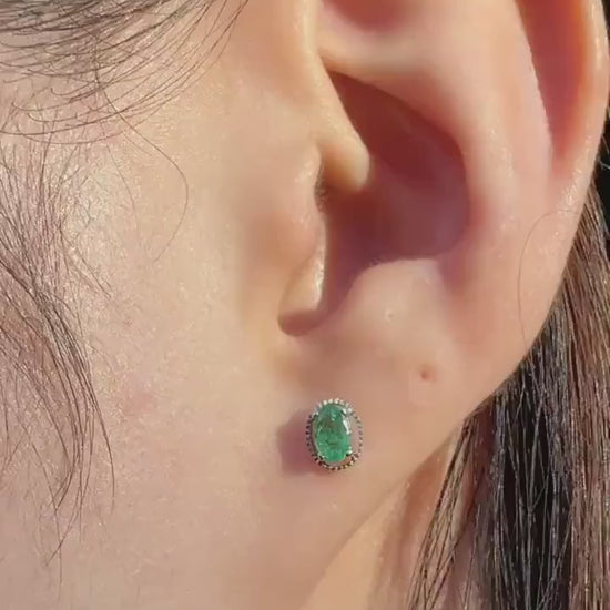 14k White Gold Oval Emerald Stud Earrings, May Birthstone, Solid Gold Jewelry