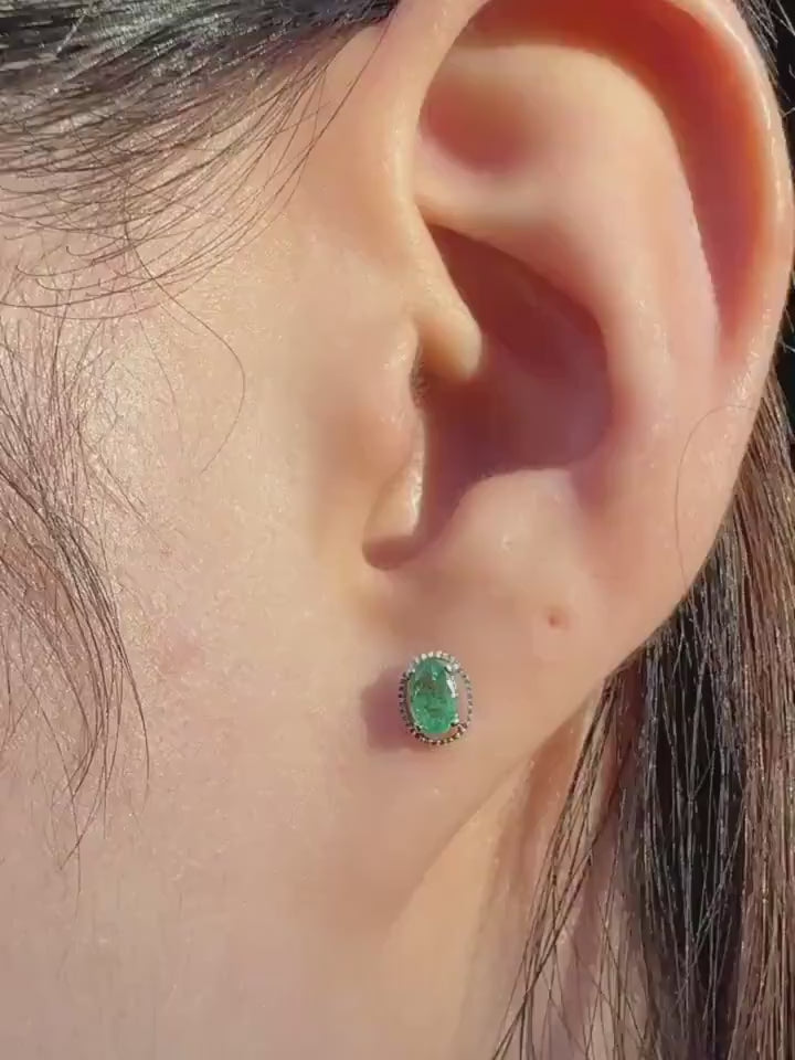 14k White Gold Oval Emerald Stud Earrings, May Birthstone, Solid Gold Jewelry
