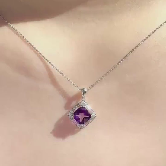 Genuine Cushion Amethyst and Diamond Pendant | 14k Solid Gold