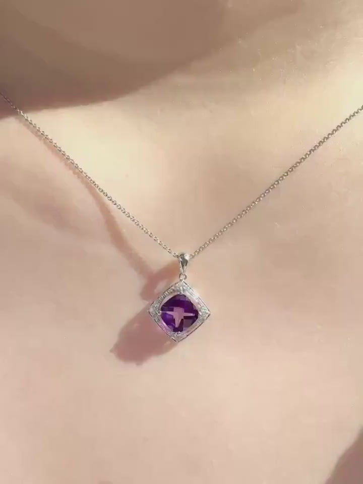Genuine Cushion Amethyst and Diamond Pendant | 14k Solid Gold