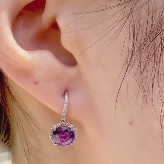 14k White Gold Amethyst Diamond Halo Stud Earrings, February Birthstone Gift