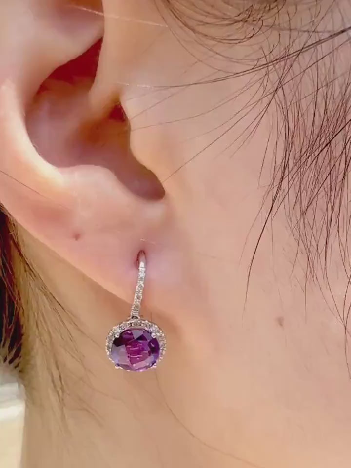 14k White Gold Amethyst Diamond Halo Stud Earrings, February Birthstone Gift