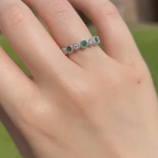 Genuine Emerald and Diamond Eternity Ring, 14k Solid White Gold, May Birthstone Gift