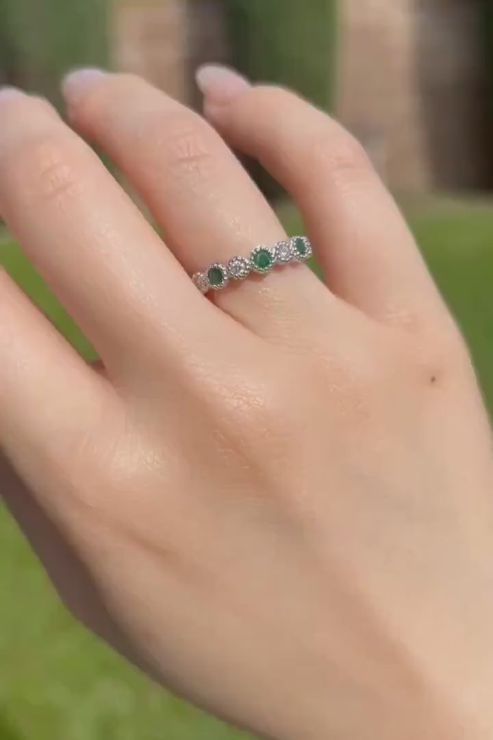 Genuine Emerald and Diamond Eternity Ring, 14k Solid White Gold, May Birthstone Gift