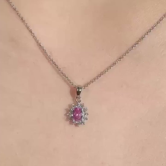 18k Gold Oval Pink Sapphire Diamond Halo Pendant, September Birthstone Gift