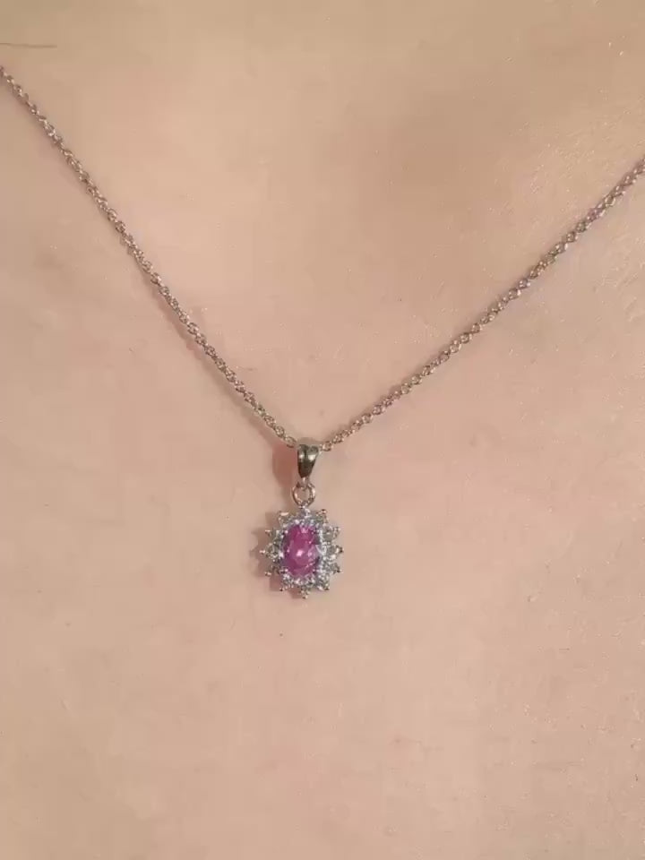 18k Gold Oval Pink Sapphire Diamond Halo Pendant, September Birthstone Gift