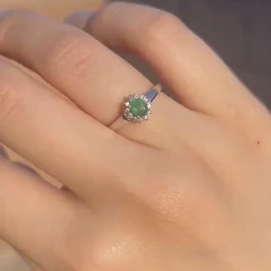 Genuine Emerald and Diamond Oval Halo Ring, 14k Solid White Gold, May Birthstone, Gift for Her