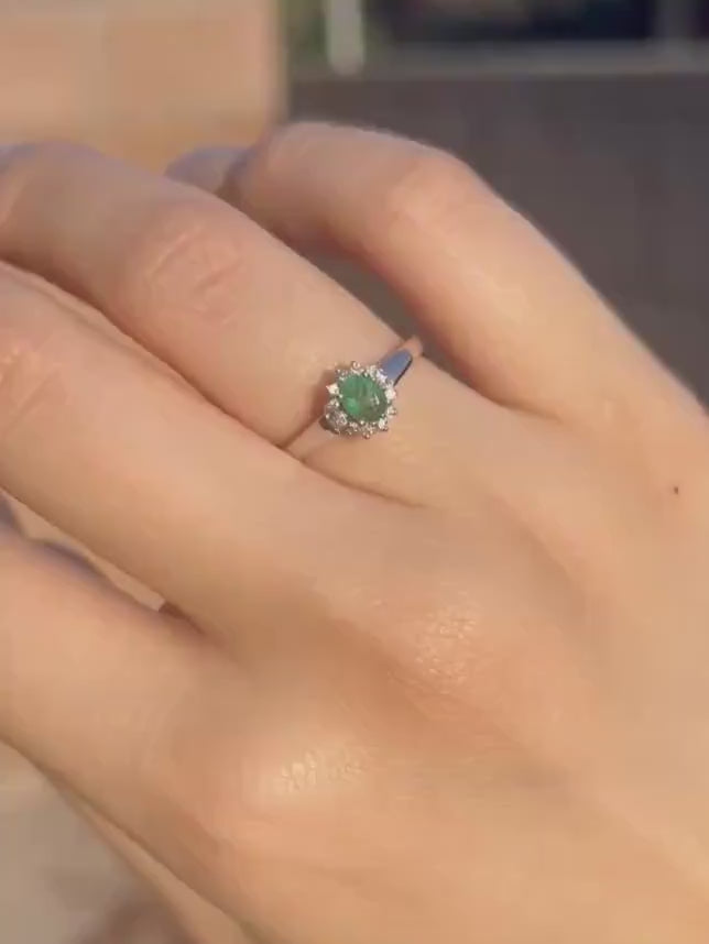 Genuine Emerald and Diamond Oval Halo Ring, 14k Solid White Gold, May Birthstone, Gift for Her