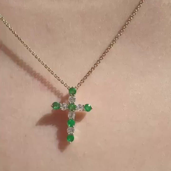 Genuine Emerald and Diamond Cross Pendant / 14k Solid Gold