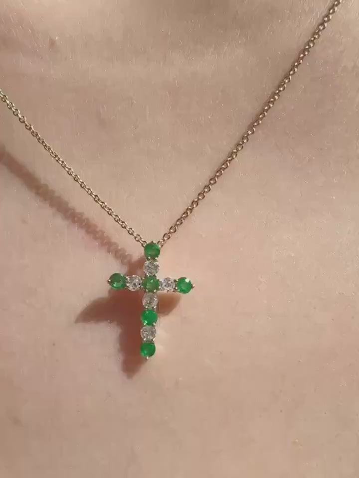 Genuine Emerald and Diamond Cross Pendant / 14k Solid Gold