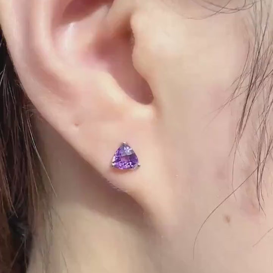 Genuine Amethyst Trillion Cut Stud Earrings, 14k Solid White Gold, February Birthstone, Gift for Her