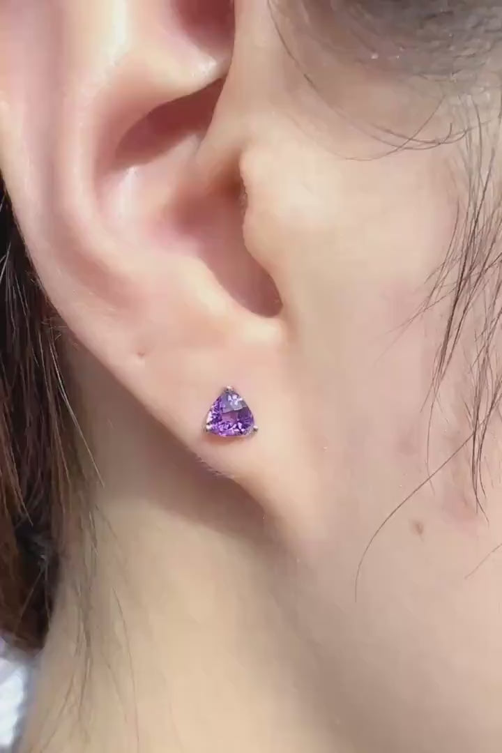Genuine Amethyst Trillion Cut Stud Earrings, 14k Solid White Gold, February Birthstone, Gift for Her