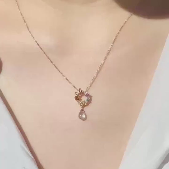 18k Solid Rose Gold Butterfly Wreath Pendant, Multi-Color Sapphire & Diamond, September Birthstone Gift