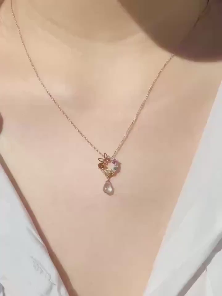 18k Solid Rose Gold Butterfly Wreath Pendant, Multi-Color Sapphire & Diamond, September Birthstone Gift