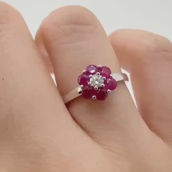 Genuine Ruby and Diamond Flower Ring in 18k Solid White Gold