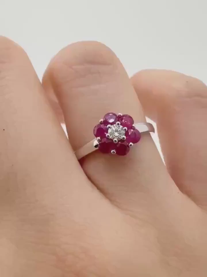 Genuine Ruby and Diamond Flower Ring in 18k Solid White Gold