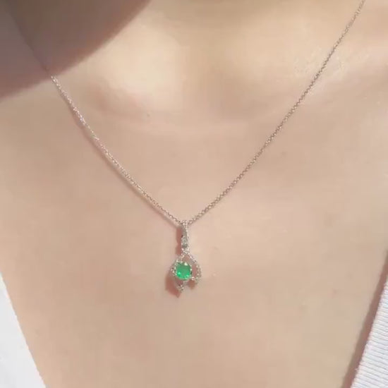 Genuine Emerald and Diamond Oval Cut Leaf Pendant, 18k Solid White Gold, May Birthstone