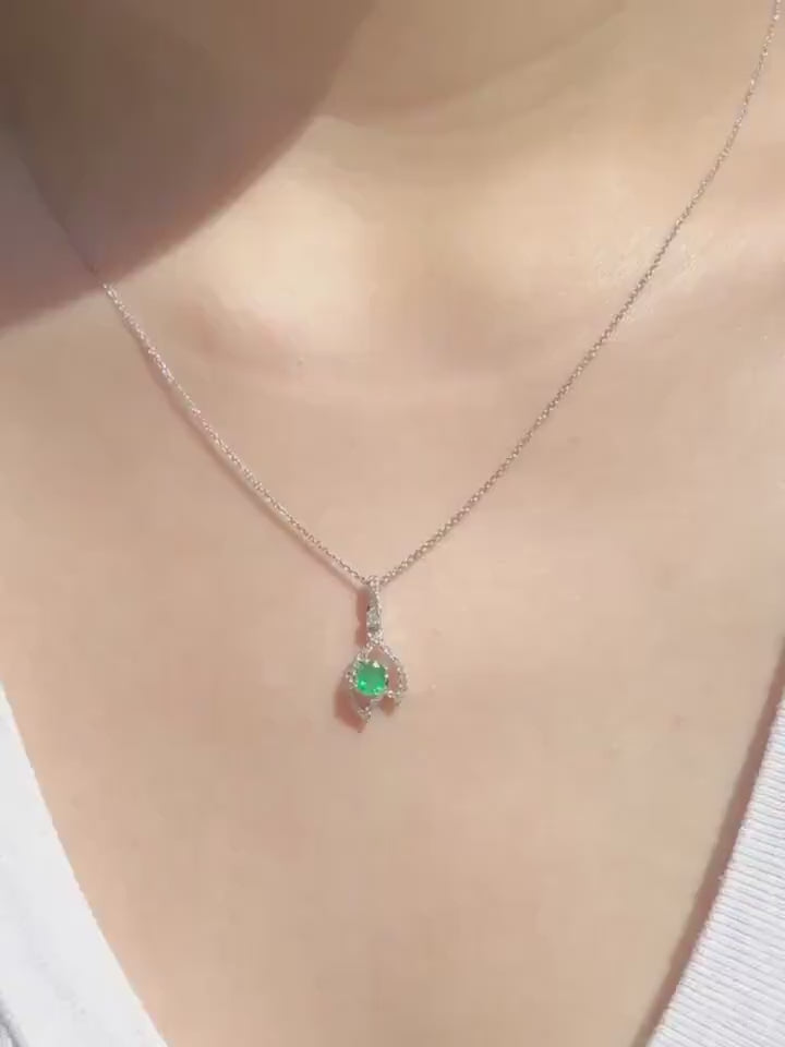 Genuine Emerald and Diamond Oval Cut Leaf Pendant, 18k Solid White Gold, May Birthstone