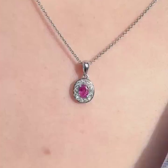 Genuine Oval Ruby and Diamond Bezel Halo Pendant, 18k Solid White Gold, July Birthstone, Gift for Her