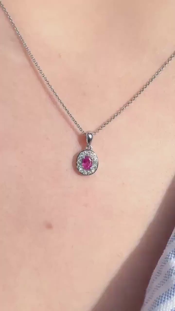 Genuine Oval Ruby and Diamond Bezel Halo Pendant, 18k Solid White Gold, July Birthstone, Gift for Her