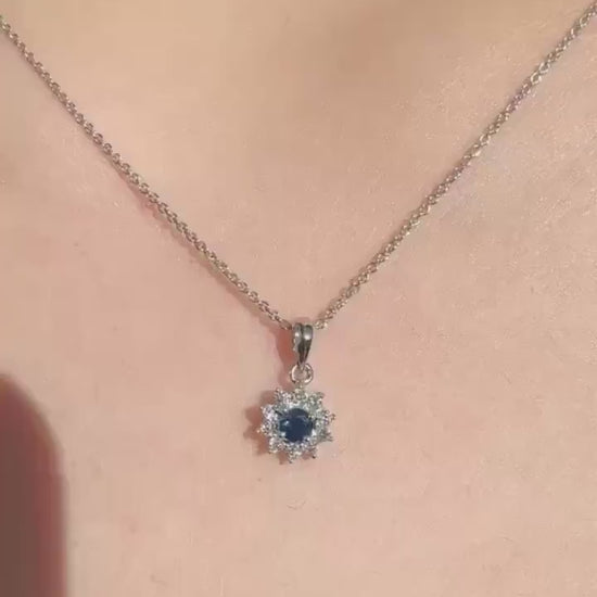 Genuine Sapphire and Diamond Sun Halo Pendant Necklace, 18k Solid White Gold, September Birthstone, Gift for Her