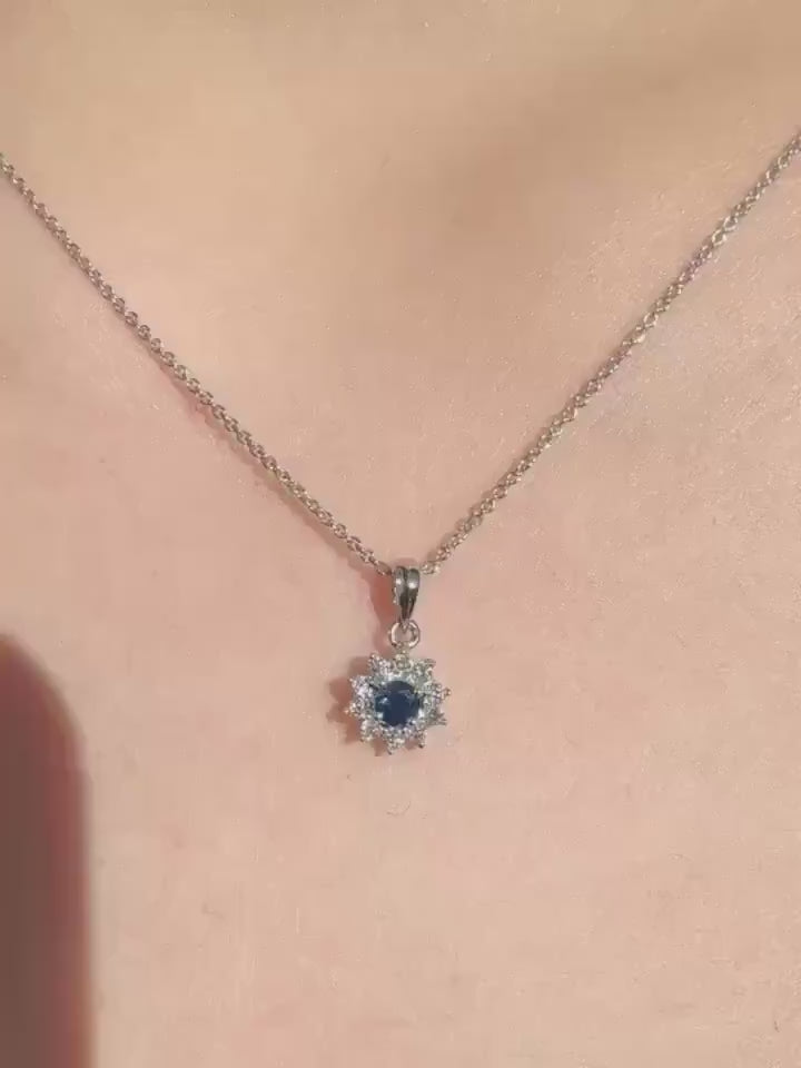 Genuine Sapphire and Diamond Sun Halo Pendant Necklace, 18k Solid White Gold, September Birthstone, Gift for Her