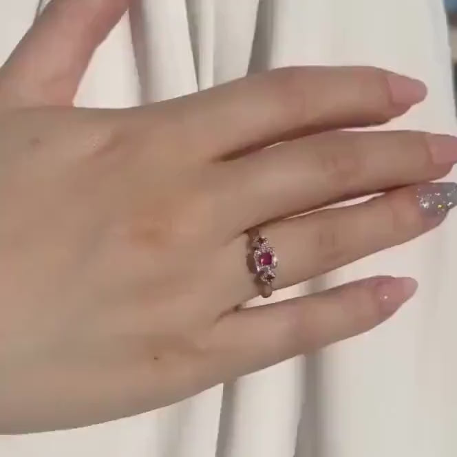 Genuine Ruby and Trio Diamond Ring | 14k Solid White Gold