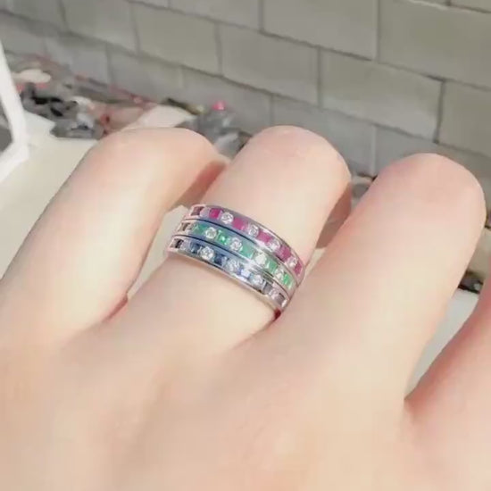Genuine Sapphire Ruby Emerald and Diamond Stacker Ring｜18k Solid Gold
