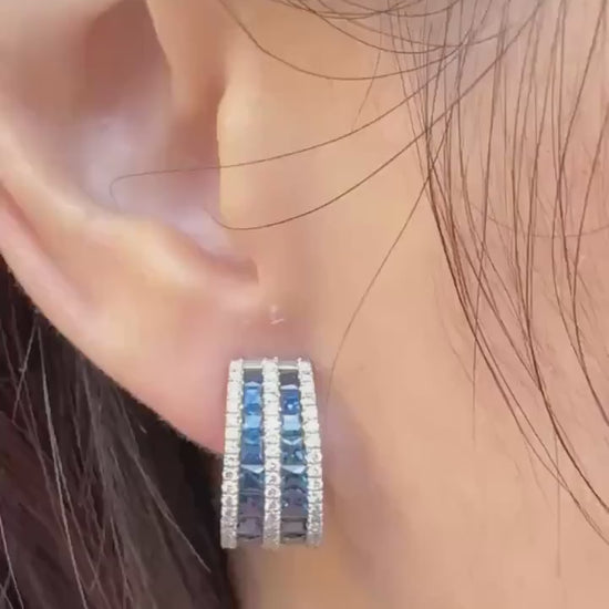 Genuine Large Sapphire and Diamond Semidome Earrings / 14k Solid White Gold