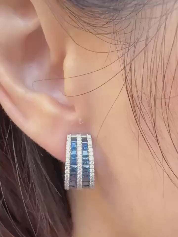 Genuine Large Sapphire and Diamond Semidome Earrings / 14k Solid White Gold