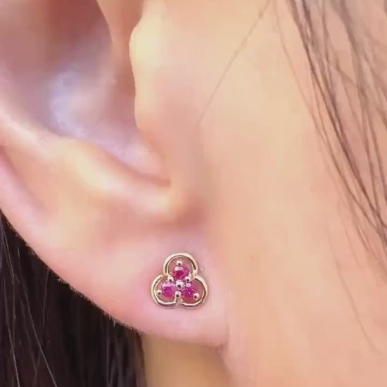 Genuine Ruby Trio Studs / 14k Solid Gold