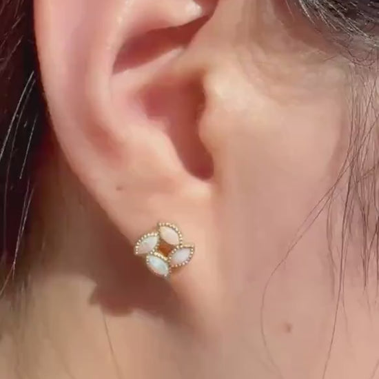 Genuine Opal Clover Stud Earrings, 18k Solid Yellow Gold, October Birthstone, Gift for Her