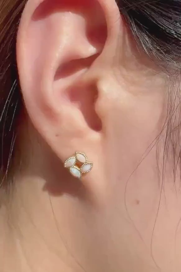 Genuine Opal Clover Stud Earrings, 18k Solid Yellow Gold, October Birthstone, Gift for Her