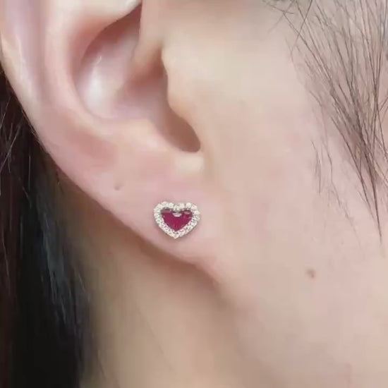 Genuine Ruby and Diamond Heart Earrings in 14k Solid Gold
