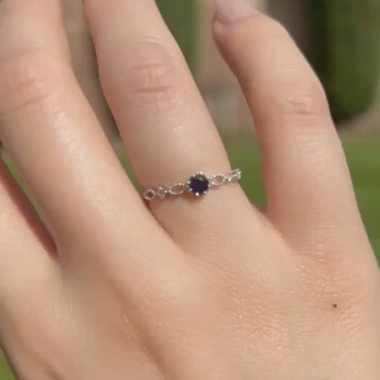 Genuine Sapphire and Diamond Ring in 14k Solid White Gold