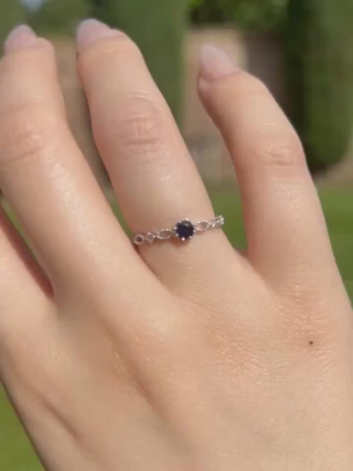 Genuine Sapphire and Diamond Ring in 14k Solid White Gold