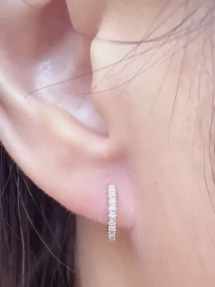Genuine Diamond Mini Huggie Hoop Earrings, 14k Solid Gold, April Birthstone, Gift for Her