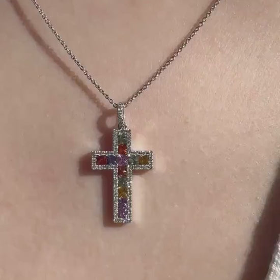14k Solid Gold Rainbow Sapphire Diamond Cross Pendant, September Birthstone Jewelry