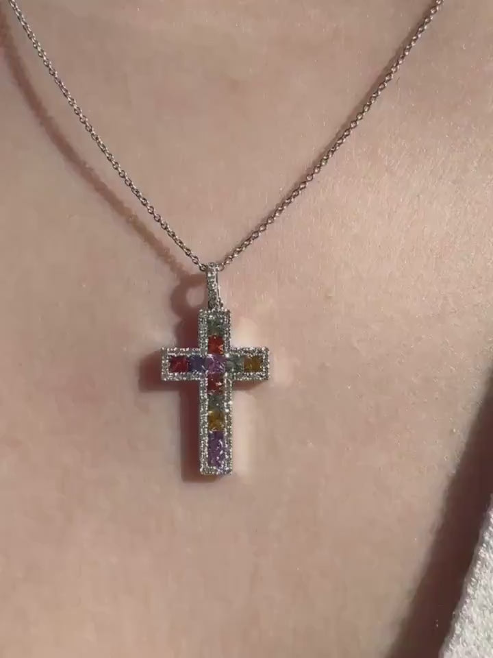 14k Solid Gold Rainbow Sapphire Diamond Cross Pendant, September Birthstone Jewelry