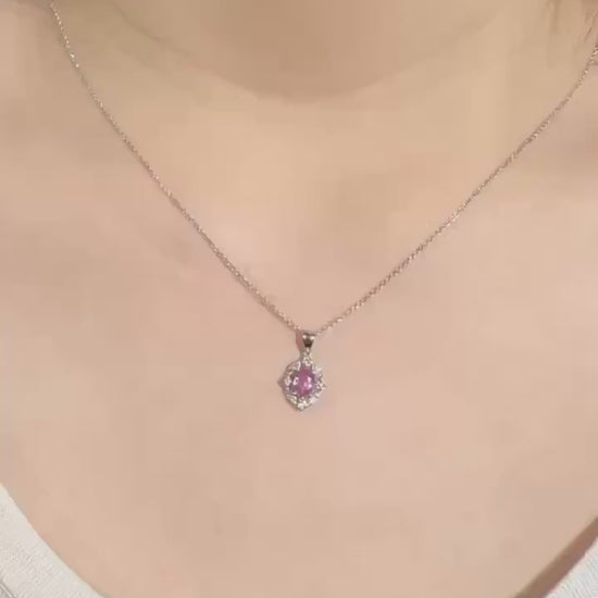 18k White Gold Pink Sapphire Diamond Halo Pendant Necklace, September Birthstone