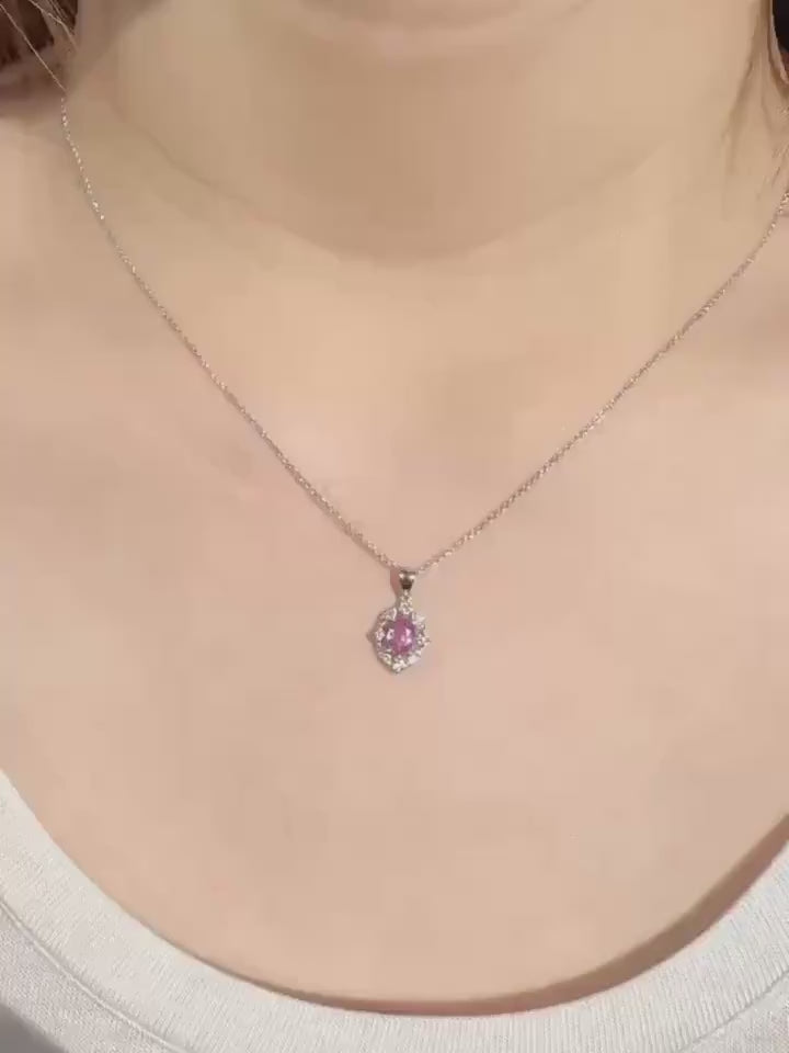 18k White Gold Pink Sapphire Diamond Halo Pendant Necklace, September Birthstone