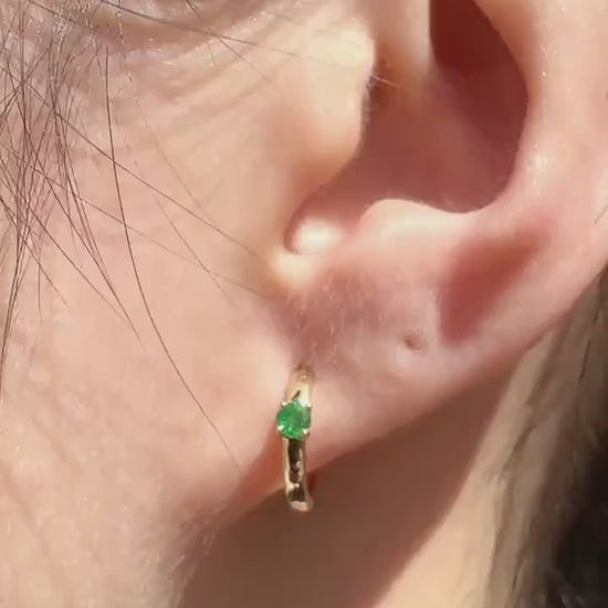 Genuine Dainty Emerald Round Cut Huggie Hoop Earrings, 14k Solid Gold, May Birthstone Gift
