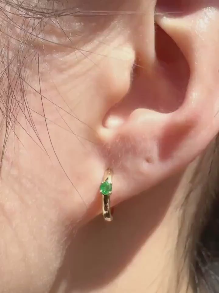 Genuine Dainty Emerald Round Cut Huggie Hoop Earrings, 14k Solid Gold, May Birthstone Gift
