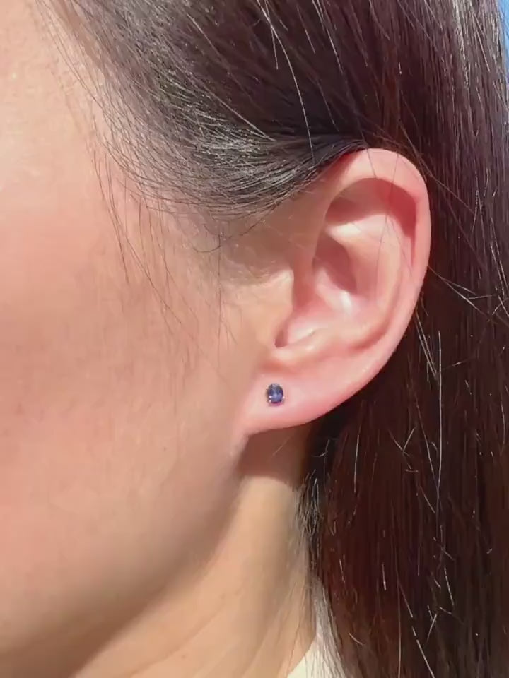 Genuine Sapphire Oval Cut Stud Earrings / 14K Solid Gold