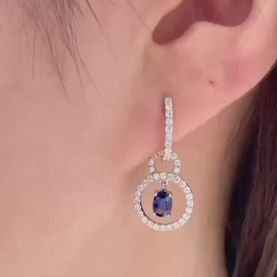 Genuine Oval Sapphires and Diamond Halo 2-in-1 Huggies in 18k Solid White Gold