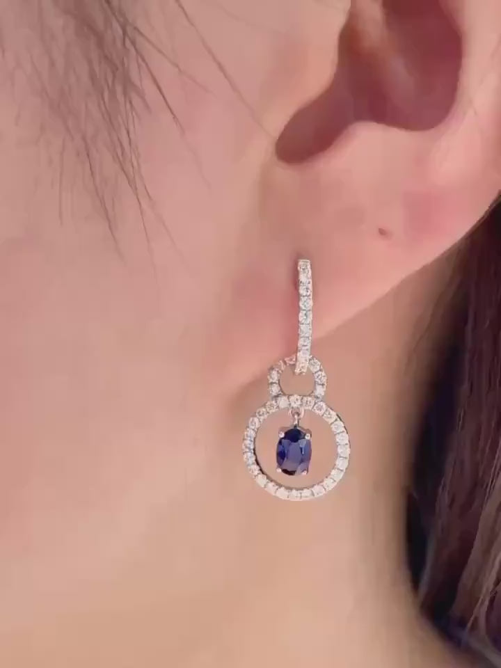 Genuine Oval Sapphires and Diamond Halo 2-in-1 Huggies in 18k Solid White Gold