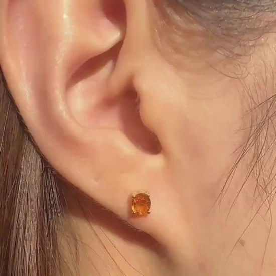 Genuine Orange Sapphire Oval Cut Solitaire Stud Earrings, 14k or 18k Solid Gold, September Birthstone