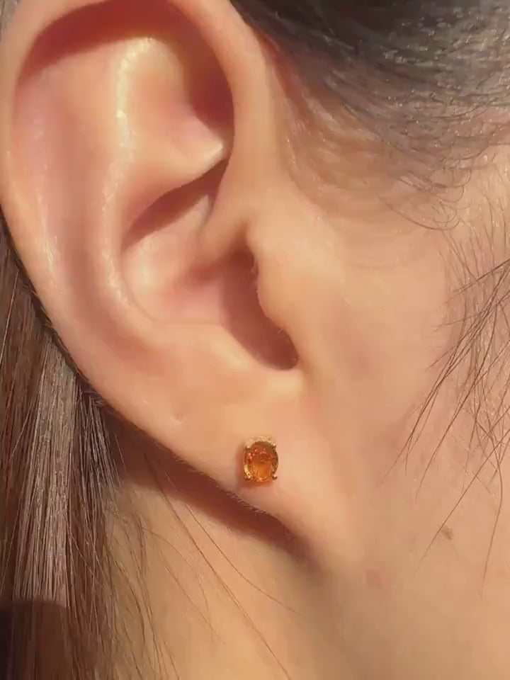 Genuine Orange Sapphire Oval Cut Solitaire Stud Earrings, 14k or 18k Solid Gold, September Birthstone